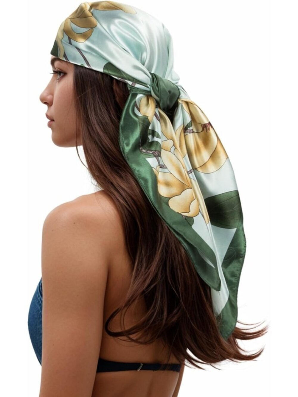 Women's A-Light Green Printed Square Scarf Bandanas Hair Scarf 35 Inches